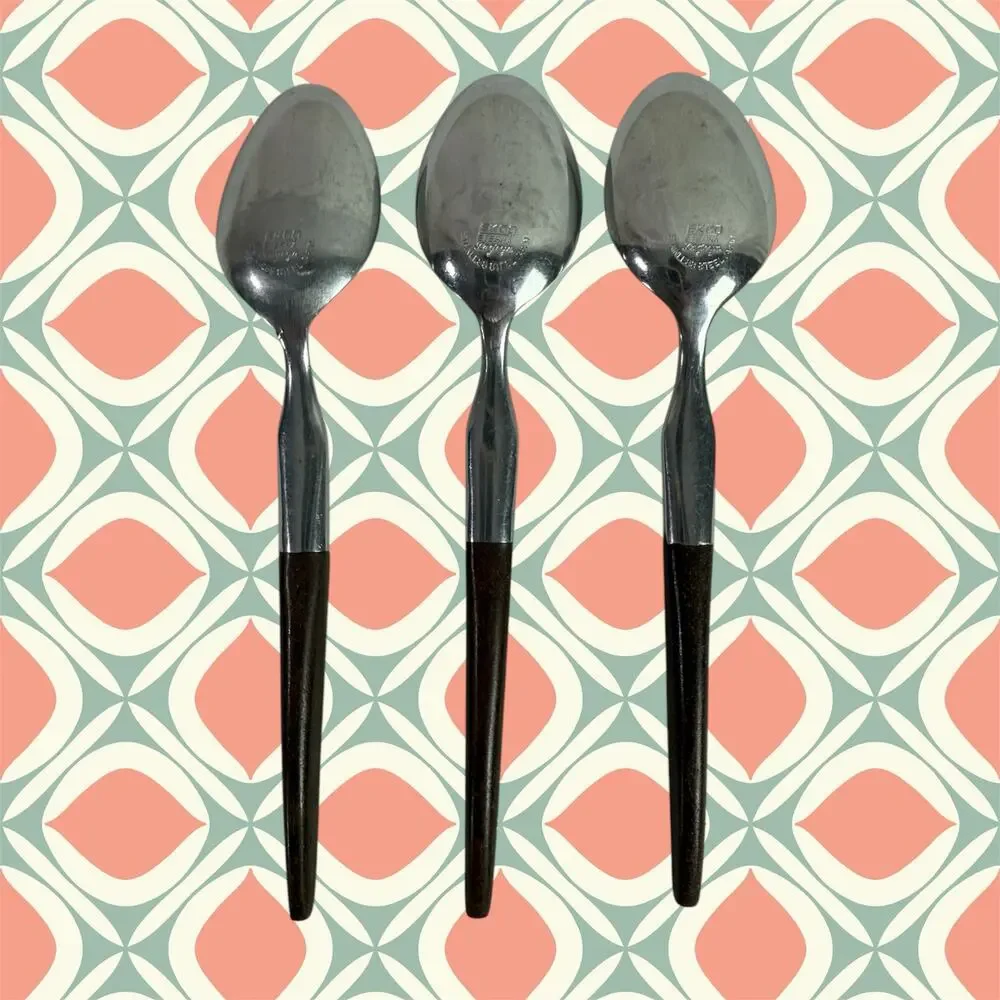 Ekco Eterna La Joya VTG Set 3 Tea Spoons Stainless Steel Faux Wood Flatware
